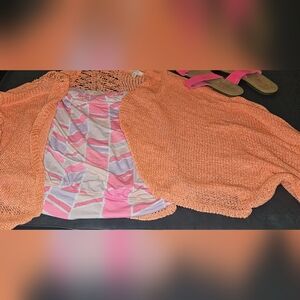 Orange Knit Sweater with Pink and Gray Patterned Top